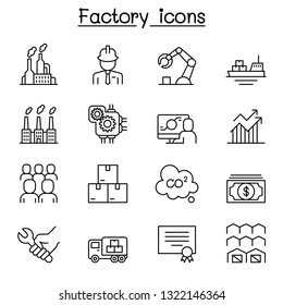 Factory, Industrial Building, Manufacturing icon set in thin line style