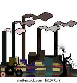 Factory. Industrial building factory, smoke from the chimneys, vector illustration in cartoon stile.