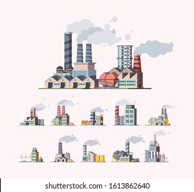 Factory. Industrial buildings manufactures air pollution vector flat pictures