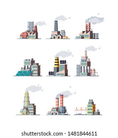 Factory. Industrial buildings smoke modern plants vector flat illustrations