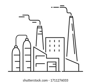 Fachada industrial de fábrica. Icono de vector de esquema.