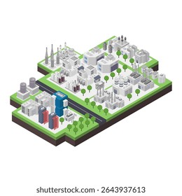 Instalações industriais de fábrica isométrica ilustrada no fundo branco