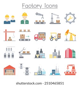 Iconos de la fábrica y del Industrial fijados en estilo plano del color