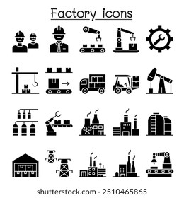 Ícones industriais e de fábrica definidos no estilo de glifo