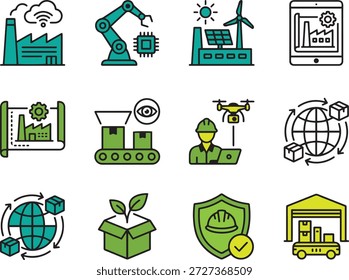 Industrielle Werkssymbole mit verschiedenen Symbolen für Fertigungs- und Produktionsprozesse, darunter Robotik und Industriedesign und Technologie für erneuerbare Energien