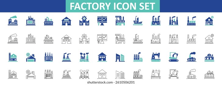 Factory and Industrial line and fill Icon Set connecting factory, industry, industrial, manufacturing, production, plant, machine, building, solid icon.