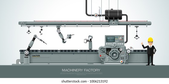 Factory Industrial Machine Convoy Unit Construction Engineering Manufacturing Equipment  With Engineer Vector Illustration