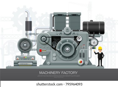 Factory Industrial machine convoy unit construction engineering manufacturing equipment  with engineer vector illustration