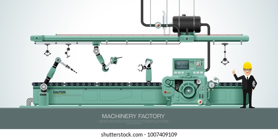 Factory Industrial Machine Manufacture Convoy Unit Construction Engineering Equipment  With Engineer Vector Illustration