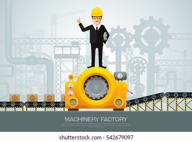 Factory Industrial machine manufacture convoy unit construction engineering equipment  with engineer vector illustration