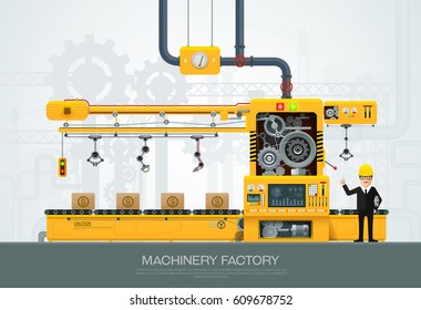 Factory Industrial Machine Manufacture Convoy Unit Construction Engineering Equipment  With Engineer Vector Illustration