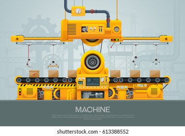 Factory Industrial machine manufacture convoy unit construction engineering equipment  with engineer vector illustration