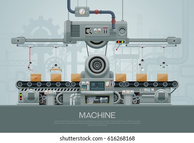 Factory Industrial machine manufacture convoy unit construction engineering equipment  with engineer vector illustration