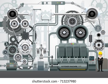 Factory Industrial machine manufacture convoy unit construction engineering equipment  with engineer vector illustration