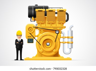 Factory Industrial Machine Manufacture Convoy Unit Construction Engineering Equipment  With Engineer Vector Illustration