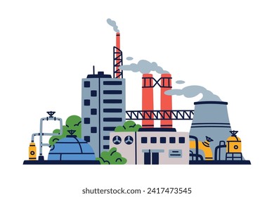 Factory as Industrial Manufacturing Building with Chimney Vector Illustration