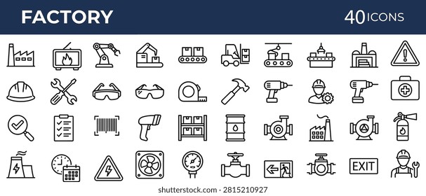 Factory and industrial manufacturing icon collection with tools machinery and safety signs.