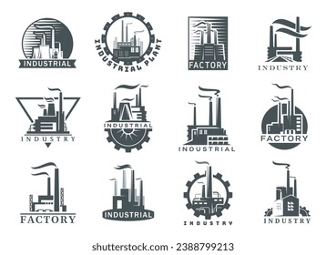 Factory and industrial plant icons, oil, gas and chemical industry manufacture, vector emblems. Refinery, mine or energy power plant with chimney smoke and cogwheel, industrial technology symbols