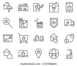 factory, industrial, plant set vector icons. Real estate icon set. Simple Set of Real Estate Related Vector Line Icons. Contains such Icons as Map, Plan, Bedrooms
