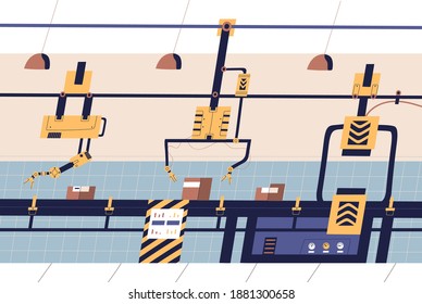 Factory industrial production line vector flat illustration. Colorful modern automatic conveyor belt. Manufacture equipped with robotic hydraulic manipulators. Innovation technology for packaging