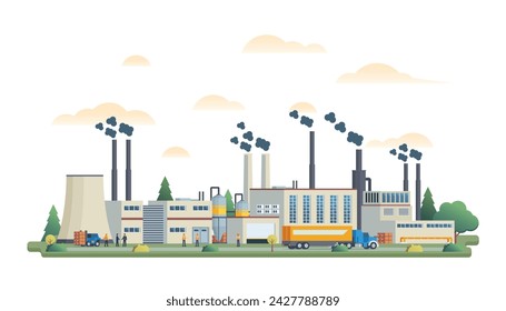 Fábrica o sitio industrial edificios ilustración vectorial. Concepto de vista frontal de ilustración de diseño plano para ilustración de ciudad	