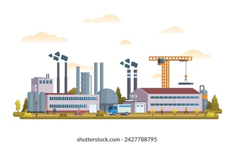 Fábrica o sitio industrial edificios ilustración vectorial. Concepto de vista frontal de ilustración de diseño plano para ilustración de ciudad	