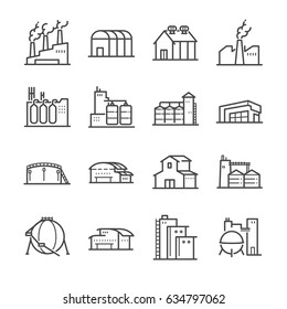Factory And Industrial Vector Line Icon Set. Included The Icons As Factory, Silo, Warehouse, Workshop And More. 