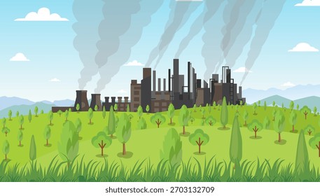 Fondo de la industria de la fábrica, fábrica de dibujos animados fuera de la ilustración de la tierra verde, plantas verdes, Ilustración vectorial