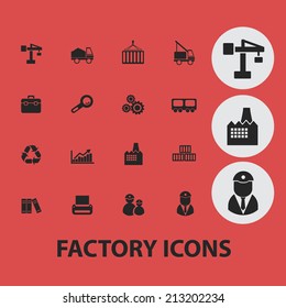 factory, industry, business isolated icons, signs, symbols, illustrations, silhouettes, vectors set
