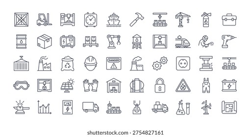Factory industry construction line icon set. Warehouse vector factory technology service production outline tool.