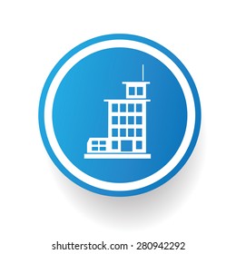 Factory, industry icon on blue button,white background,clean vector