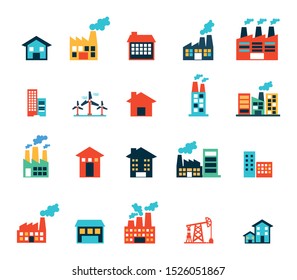 Factory and industry icon set design, Plant building industrial construction technology and manufacturing theme Vector illustration