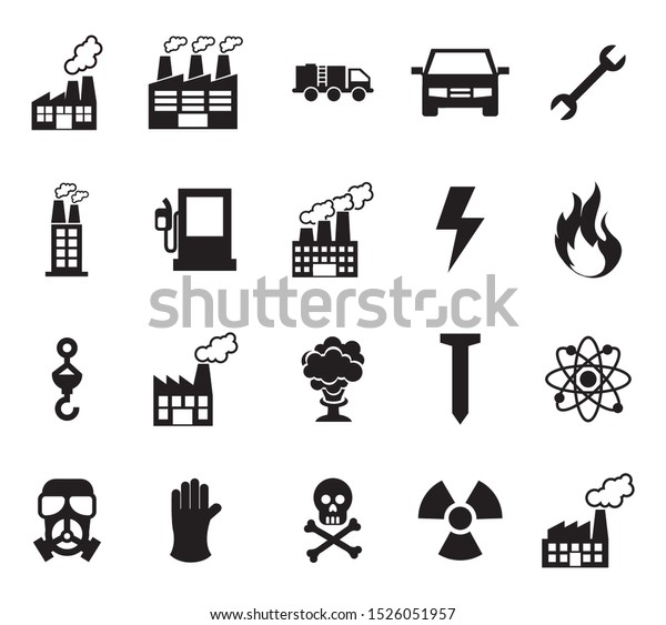 Factory and industry icon set design, Plant\
building industrial construction technology and manufacturing theme\
Vector illustration