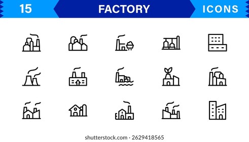 Factory industry icon set features clean, modern vector designs inspired by manufacturing and production. Perfect for industrial, plant, and facility-themed projects.