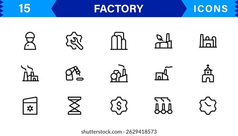 Factory industry icon set features clean, modern vector designs inspired by manufacturing and production. Perfect for industrial, plant, and facility-themed projects.