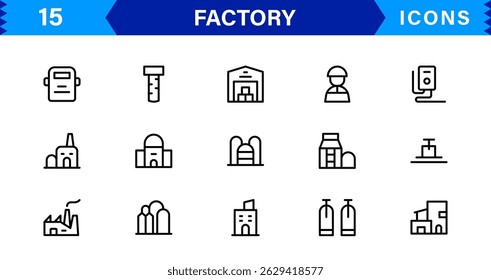 Factory industry icon set features clean, modern vector designs inspired by manufacturing and production. Perfect for industrial, plant, and facility-themed projects.
