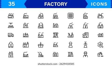 Factory industry icon set features clean, modern vector designs inspired by manufacturing and production. Perfect for industrial, plant, and facility-themed projects.