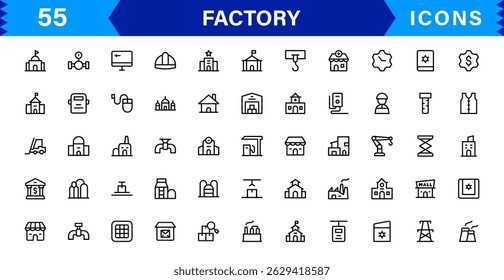 Factory industry icon set features clean, modern vector designs inspired by manufacturing and production. Perfect for industrial, plant, and facility-themed projects.