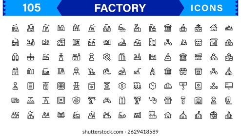 Factory industry icon set features clean, modern vector designs inspired by manufacturing and production. Perfect for industrial, plant, and facility-themed projects.