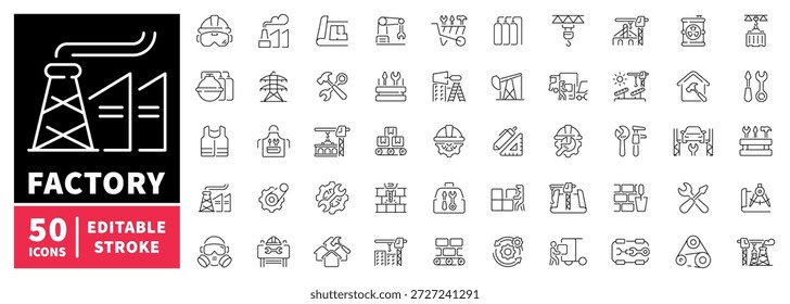 Factory and industry icons set. editable line icons, outline, industrial symbols