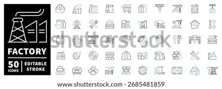 Factory and industry icons set – editable line icons, outline machinery symbols