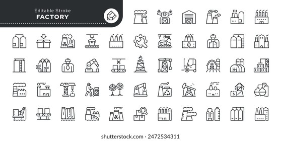 Conjunto de iconos de línea de fábrica e industria. Planta, fabricación y producción. Colección de iconos de esquema. Pictograma conceptual e infografía.