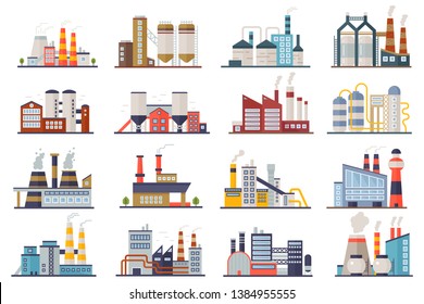 Factory industry manufactory power electricity buildings flat icons set isolated. Urban factory plant landscape vector illustration.