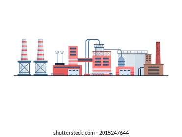 Factory industry manufactory power electricity buildings flat icons set. Manufactory industrial buildings refinery factory or Nuclear Power Stations. Destruction of nature. Vector illustration.