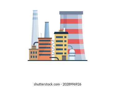 Factory industry manufactory power electricity buildings flat icons set. Manufactory industrial buildings refinery factory or Nuclear Power Stations. Destruction of nature. Vector illustration.