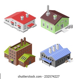 Factory industry manufactory production technology buildings isometric decorative icons set isolated vector illustration.