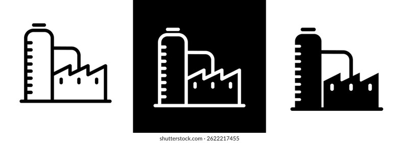 Gráfico de ícones de fabricação da indústria de fábrica. Planta, Produção, Construção, Silo, Símbolos de Armazenamento. Contorno e Estilos de Vetor Sólido