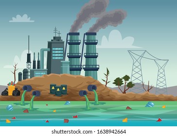 factory industry polluting teh water scene vector illustration design