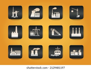 Factory and Industry symbols on black buttons on yellow background