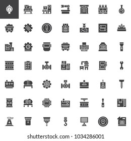 Factory, industry vector icons set, solid symbol collection, filled pictogram pack. Signs, logo illustration. Set includes icons as gauge, conveyor, warehouse, factory, container, silo, gas station